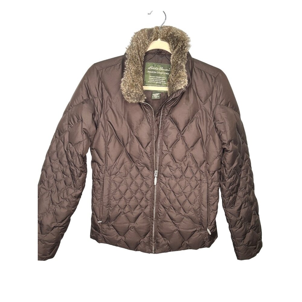 Eddie Bauer XS Quilted Brown Jacket W/ Faux Fur Collar Premium Goose Down